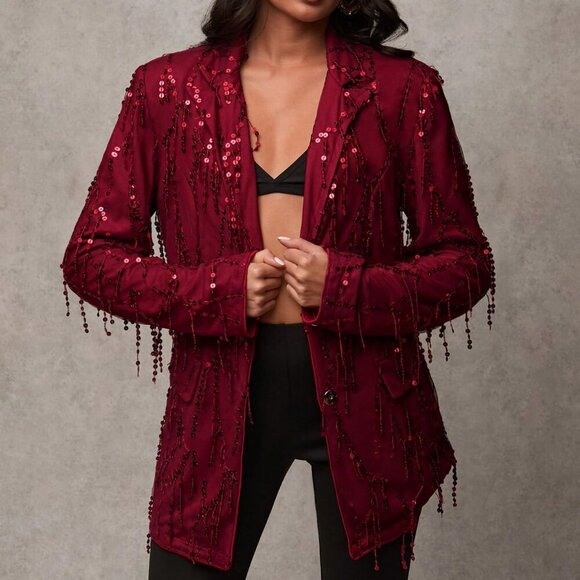 burgundy Party Women's Sequin Patchwork Lapel Neck Long Sleeve Blazer Jacket - Picture 5 of 7